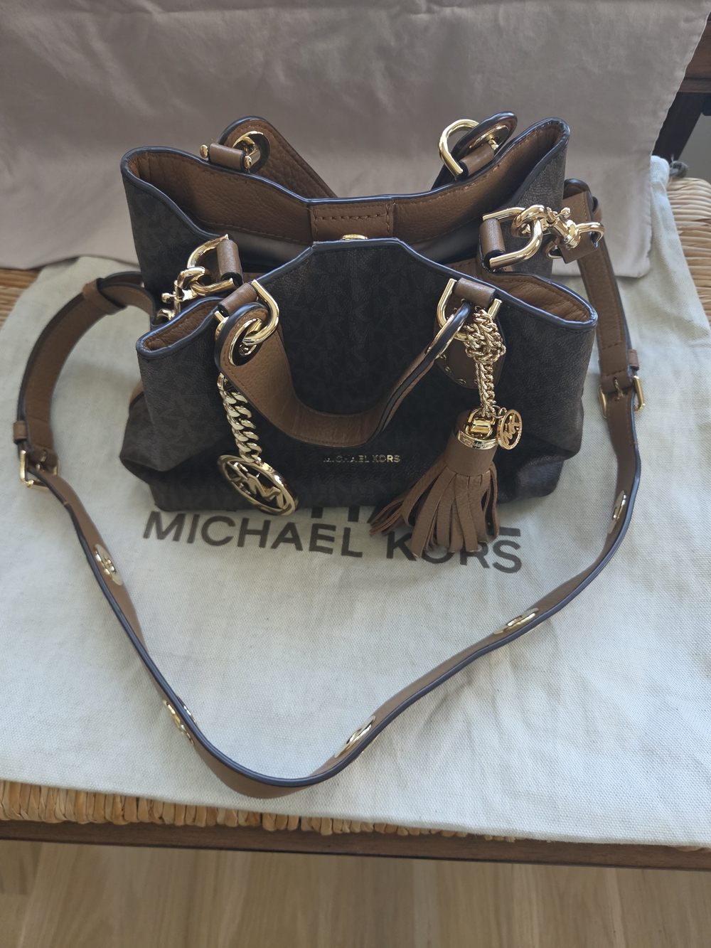 Michael Kors Brown and Dark Brown Logo Tassel Shoulder Bag with Gold Hardware -